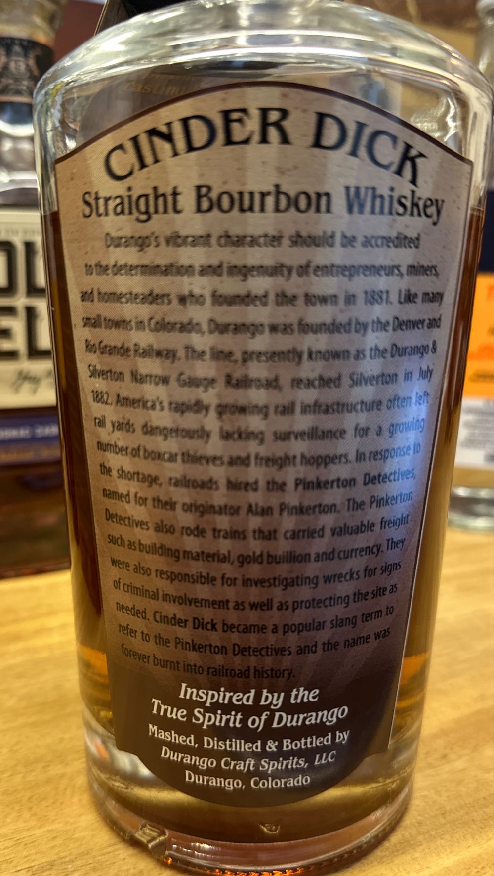 Cinder Dick Colorado Straight Bourbon - Durango Craft Spirits- LLC (750 mL) alcohol collectible [Barcode 862919000126] - Main Image 2