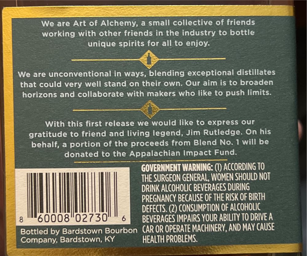 Art Of Alchemy Blended Spirits : Blend NO.1 - Bardstown Bourbon Company (750 mL) alcohol collectible [Barcode 860008027306] - Main Image 2