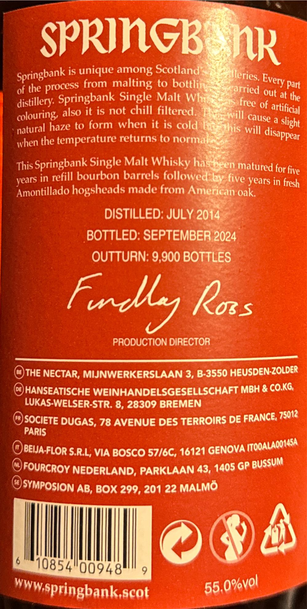 Springbank 10 Years Amontillado Cask Matured - Springbank Distillery (700 mL) alcohol collectible [Barcode 610854009489] - Main Image 2