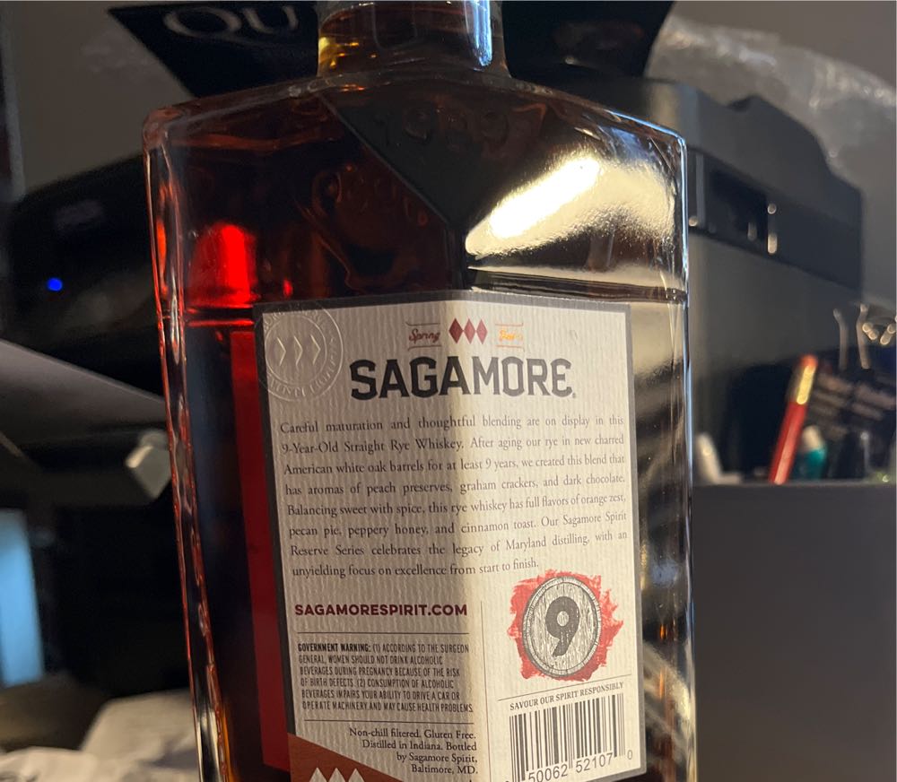 Sagamore Rye Whiskey 9 Year Old Spirit Straight 750ml Reserve Series - Sagamore Spirits (750 mL) alcohol collectible [Barcode 850062521070] - Main Image 3