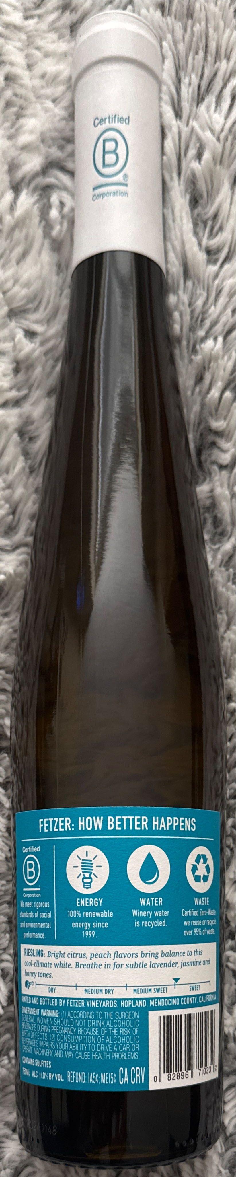 Fetzer California Riesling 750ml Bottle Fetzer Riesling Nv Wine Price Item White - Fetzer Vinyards in California (750 mL) alcohol collectible [Barcode 082896710232] - Main Image 2