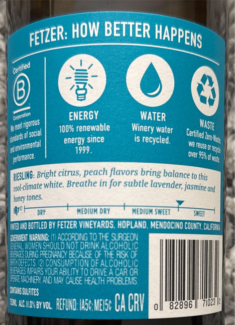 Fetzer California Riesling 750ml Bottle Fetzer Riesling Nv Wine Price Item White - Fetzer Vinyards in California (750 mL) alcohol collectible [Barcode 082896710232] - Main Image 4