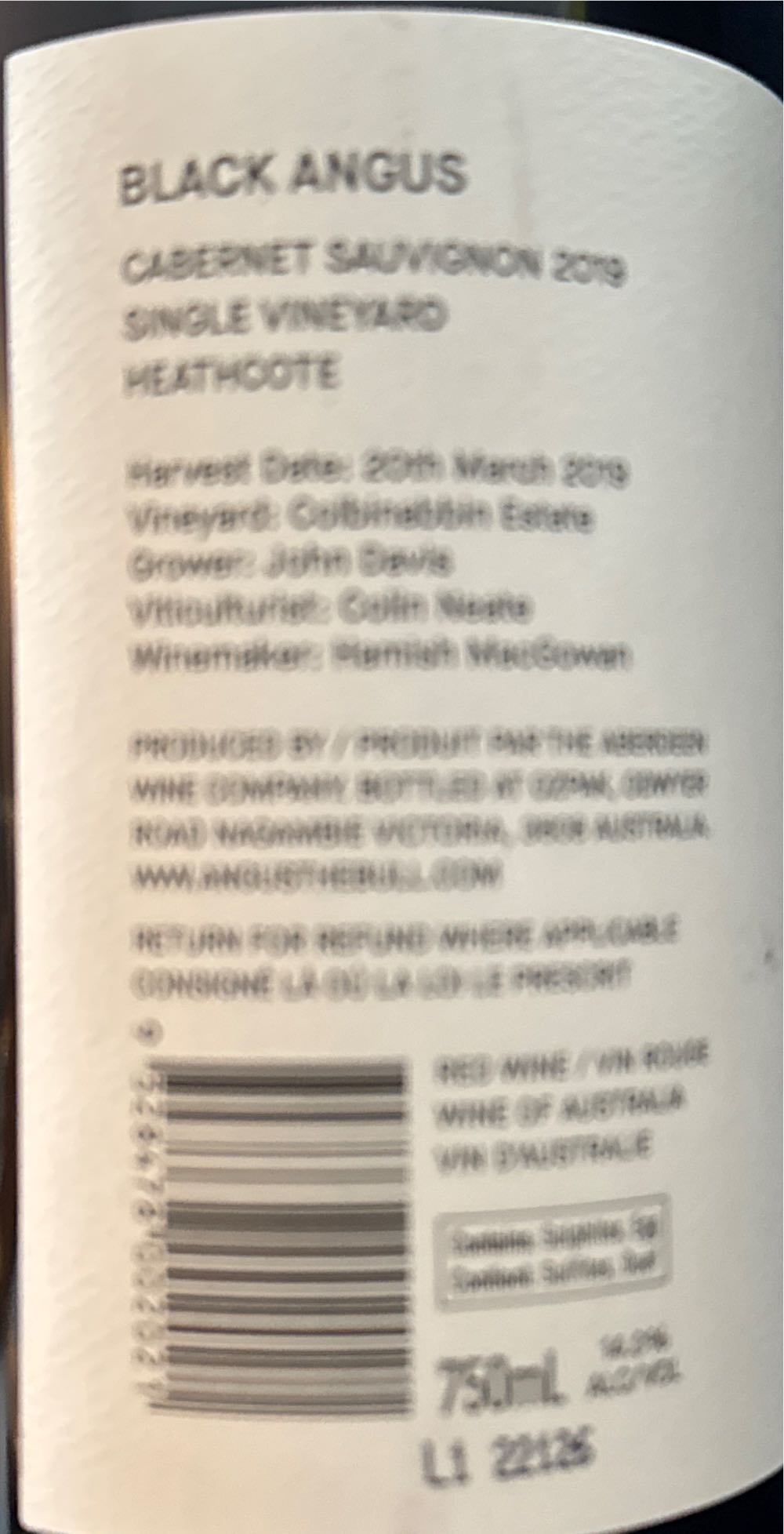 Category Price List Black Angus Cabernet Sauvignon - The Aberdeen Wine Company (750 mL) alcohol collectible [Barcode 9328478002021] - Main Image 2