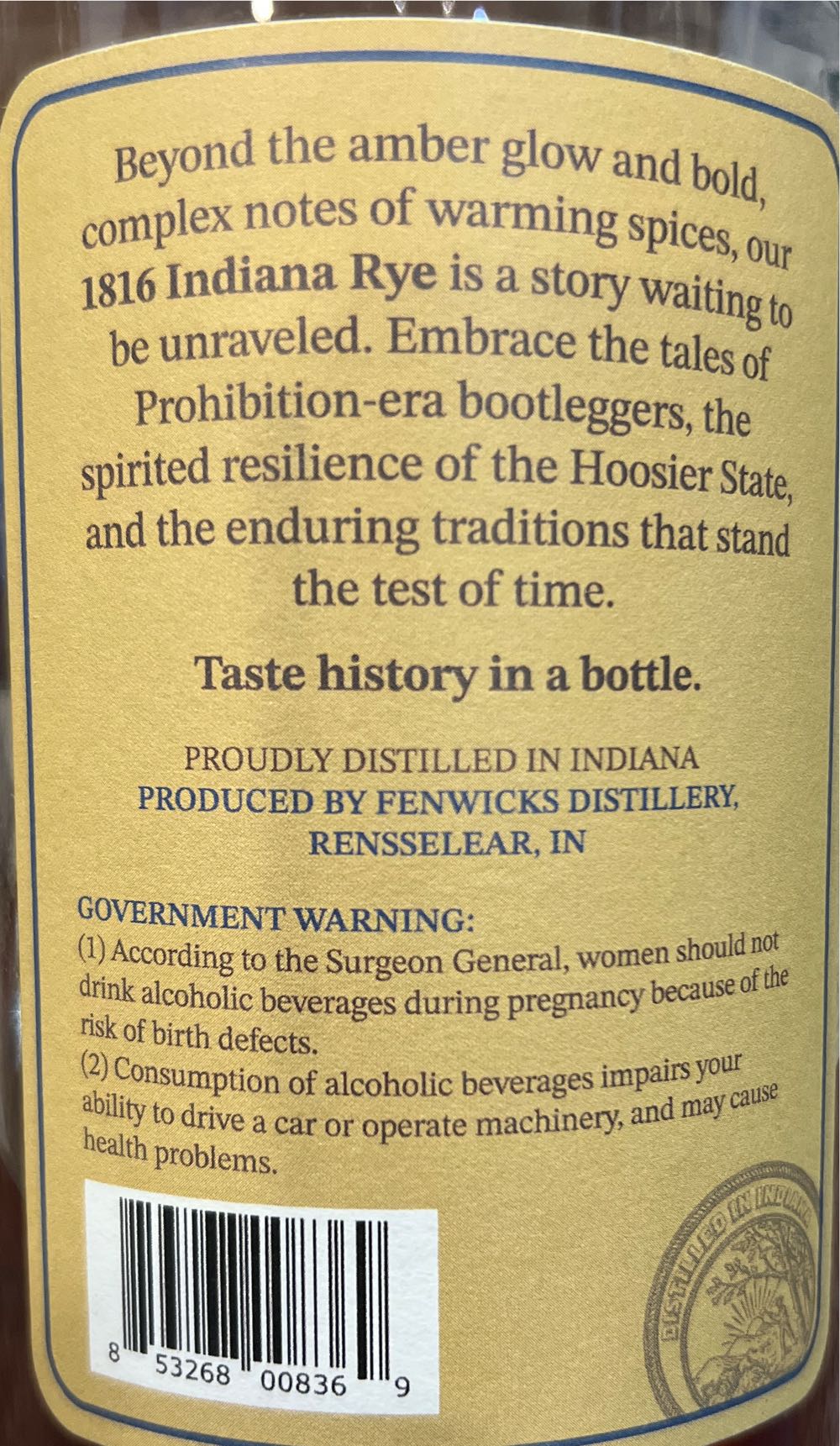 1816 Indiana Rye - Fenwicks Distillery (750 mL) alcohol collectible [Barcode 853268008369] - Main Image 2