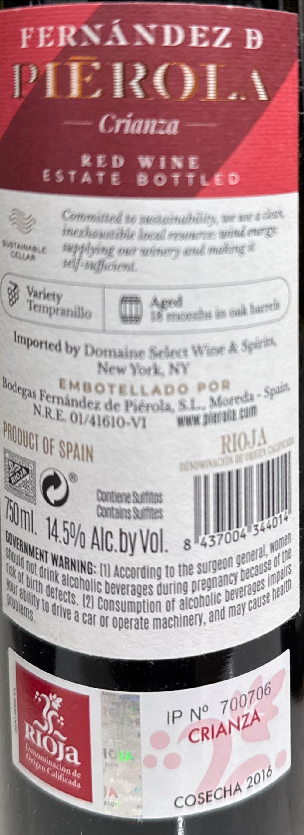 Vino Tinto Crianza Rioja 75 Cl Pierola De Piérola Fernandez Fernández Cl. Tempranillo  (750 mL) alcohol collectible [Barcode 8437004344014] - Main Image 2