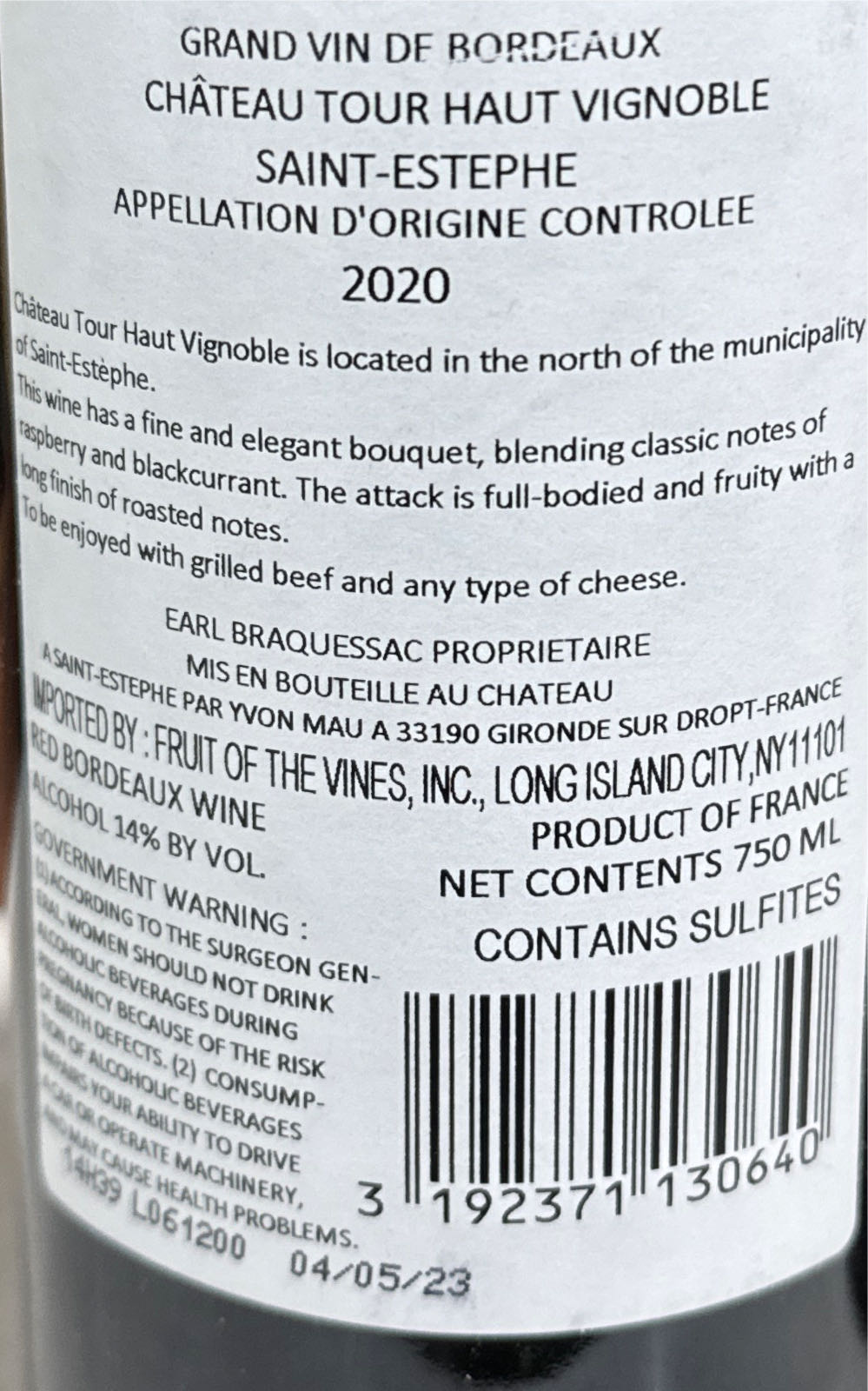 Château Tour Haut Vignoble  (750 mL) alcohol collectible [Barcode 3192371130640] - Main Image 2