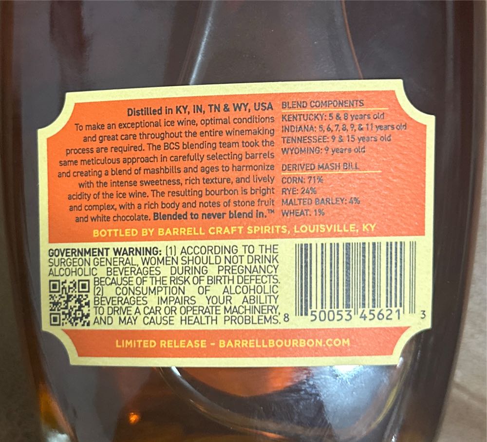 Barrel Bourbon Cask Finish Series : Ice Wine - Barrell Craft Spirits (750 mL) alcohol collectible [Barcode 850053456213] - Main Image 2