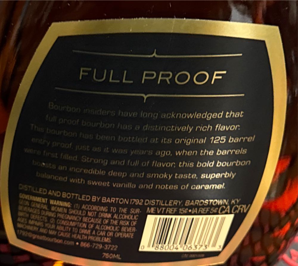 1792 Full Proof Single Barrel - Barton 1792 Distillery / Sazerac (750 mL) alcohol collectible [Barcode 088004063733] - Main Image 2