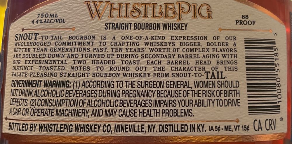 Whistlepig Snout To Tail 10 Year Toasted Straight Bourbon - Whistle Pig Whiskey Co (750 mL) alcohol collectible [Barcode 810080551855] - Main Image 2
