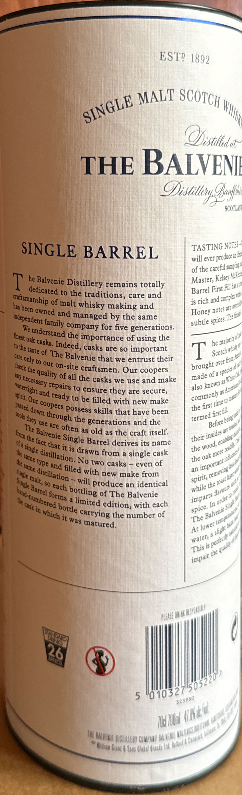 Balvenie 12 Single Barrel 700ml Ean - Balvenie Distillery (700 mL) alcohol collectible [Barcode 5010327505220] - Main Image 2