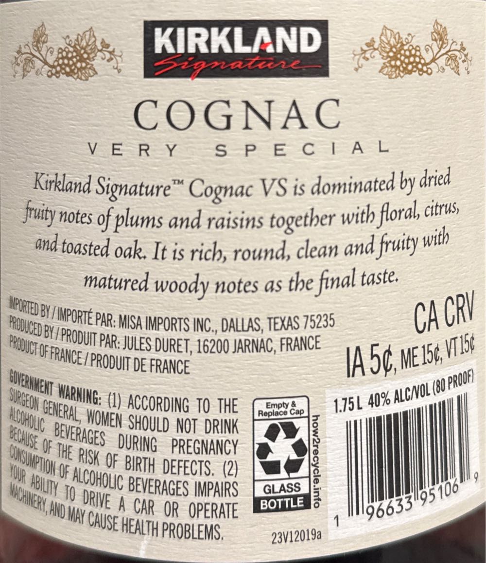 Kirkland Signature Cognac VS - Peyrat Cognac (1.75 L) alcohol collectible [Barcode 196633951069] - Main Image 2