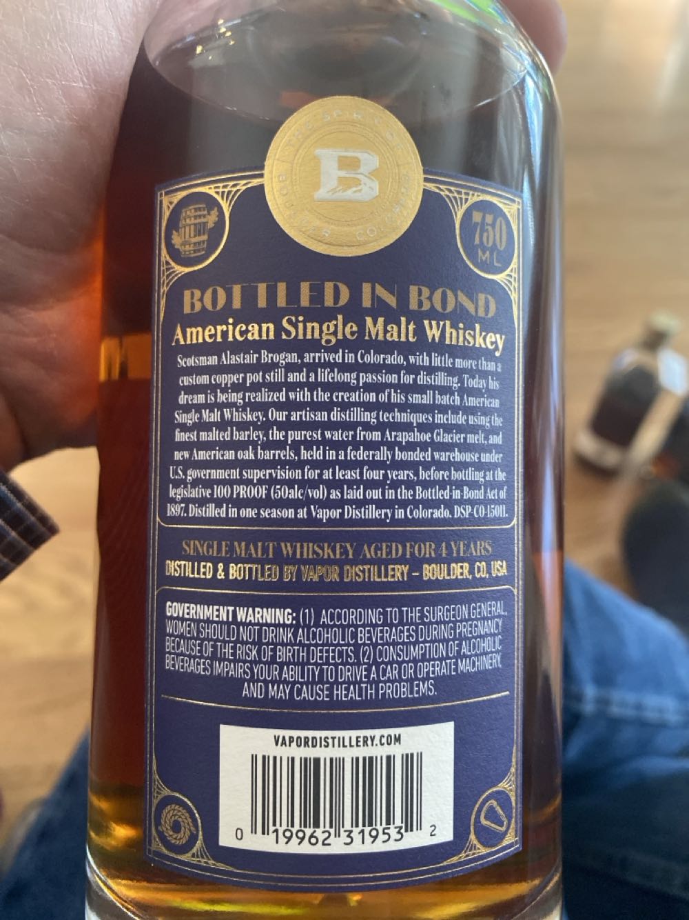 Boulder American Single Malt Whiskey Bottled In Bond Spirits - Vapor Distillery (750 mL) alcohol collectible [Barcode 019962319532] - Main Image 3