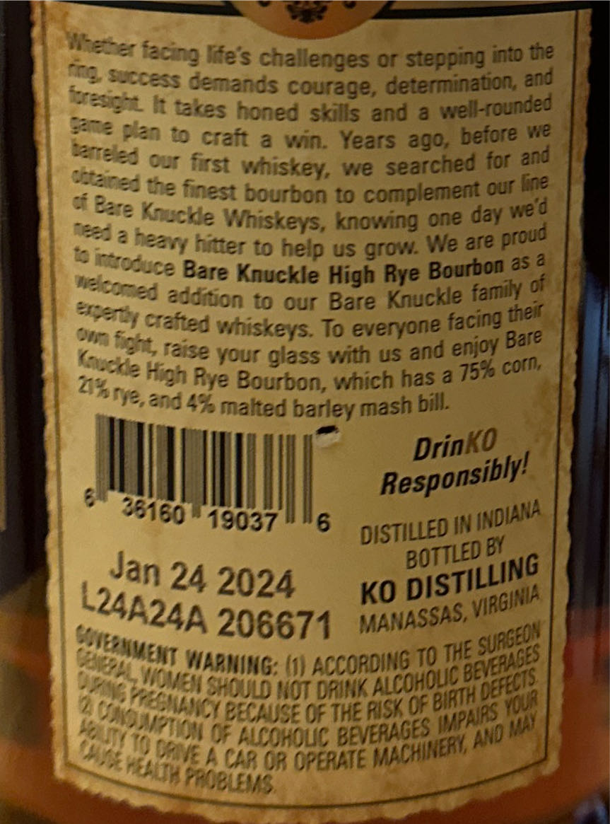 KO Bare Knuckle Cask Strength High Rye Bourbon - KO Distillery (750 mL) alcohol collectible [Barcode 636160190376] - Main Image 3