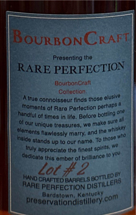 Rare Perfection 8 Year Old Bourbon Cask Strength Lot 2 - Preservation Distillery (750 mL) alcohol collectible [Barcode 852543006366] - Main Image 2
