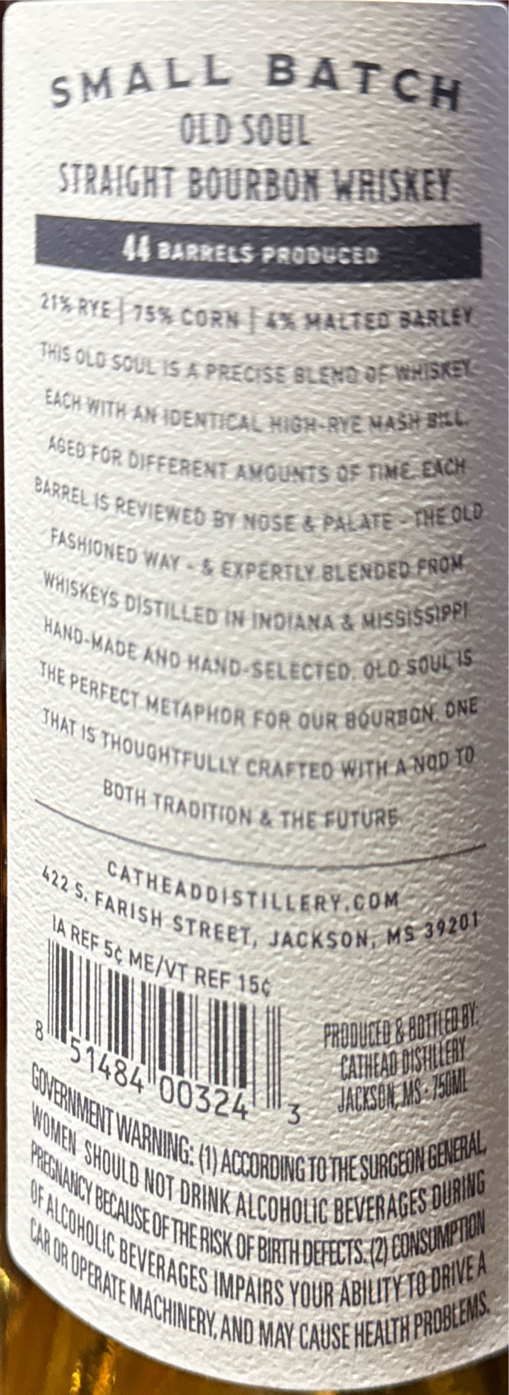 Cathead Old Soul Small Batch Bourbon - Cathead Distillery (750 mL) alcohol collectible [Barcode 851484003243] - Main Image 2