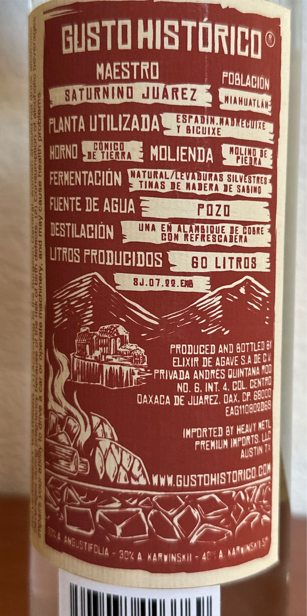 Gusto Historico Espadin Madrecuixe Y Bicuixe - Saturnino Juarez (750 mL) alcohol collectible [Barcode 7503037003769] - Main Image 2