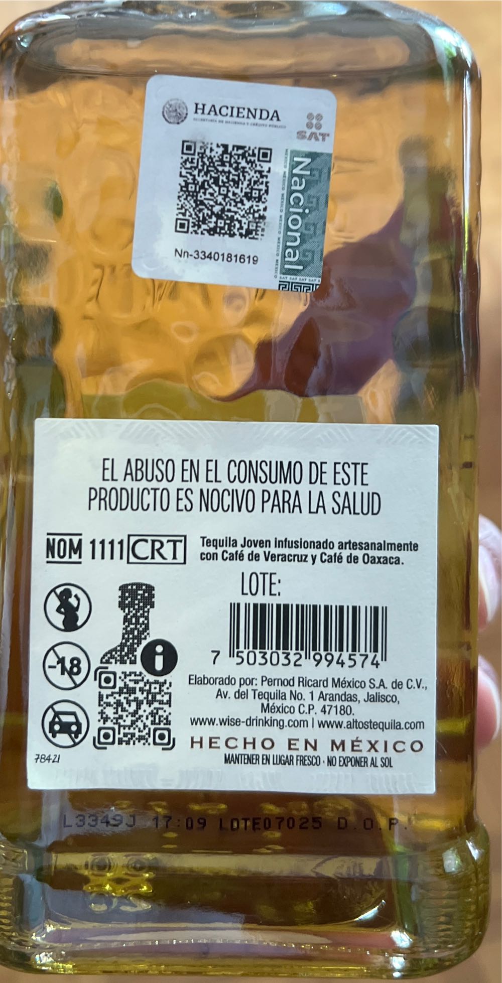 Olmeca Altos Infusion Cafe - Pernod Ricard Mexico, S.A. De C.V. (700 mL) alcohol collectible [Barcode 7503032994574] - Main Image 2