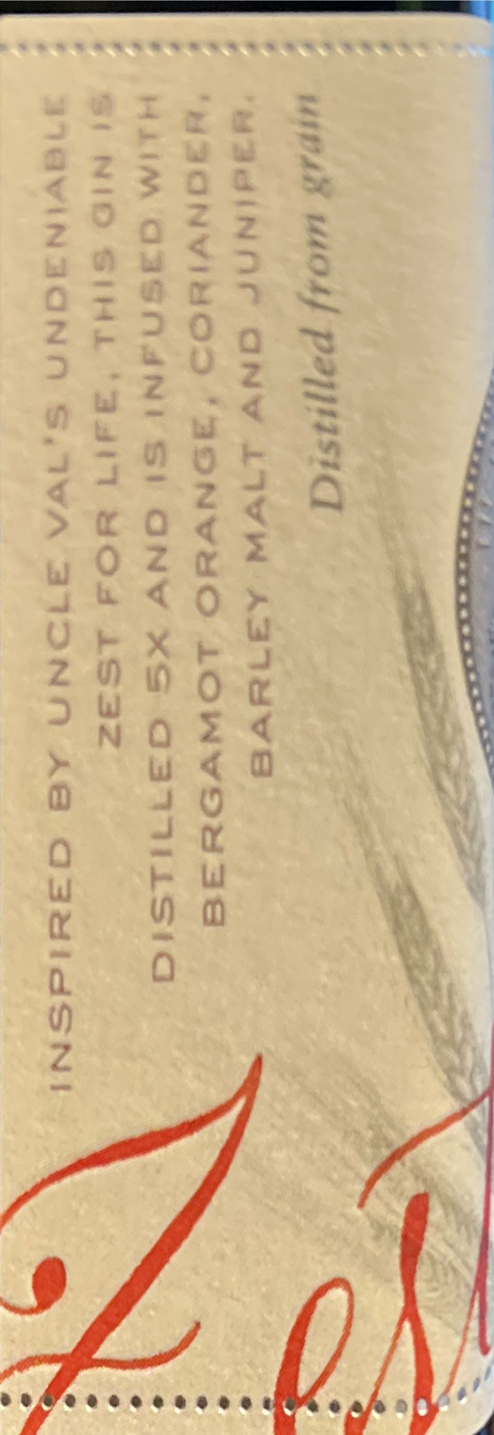 Uncle Val’s Zested Gin 750ml Vals 750ml 750  (750 mL) alcohol collectible [Barcode 810034600271] - Main Image 2