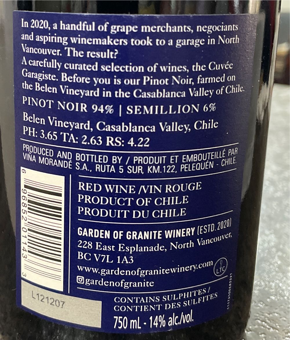 Cuvée Garagiste Pinot Noir, Red Wine - Belin Vineyard, Casablanca Valley, Chille (750 mL) alcohol collectible [Barcode 696852011433] - Main Image 3