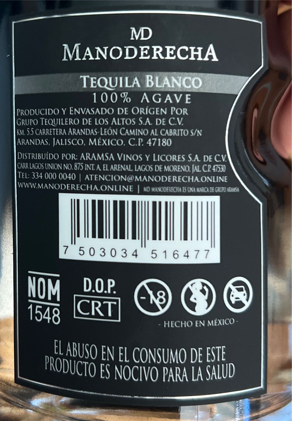 ManoDerecha Blanco - Grupo Tequilero De Los Altos SA de CV (750 mL) alcohol collectible [Barcode 7503034516477] - Main Image 2