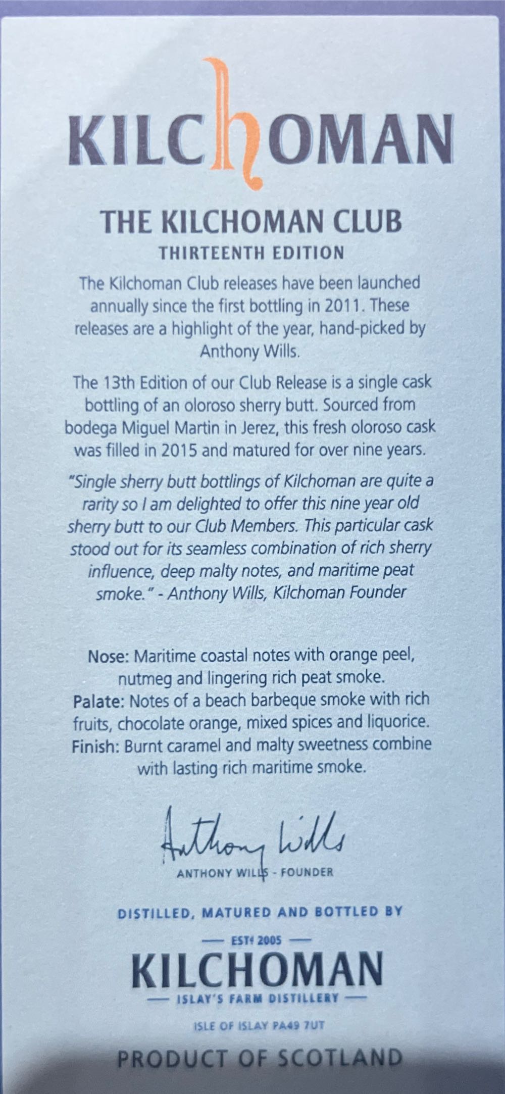 Kilchoman “the Kilchoman Club” Thirteenth Edition - Kilchoman Distillery (700 mL) alcohol collectible - Main Image 2