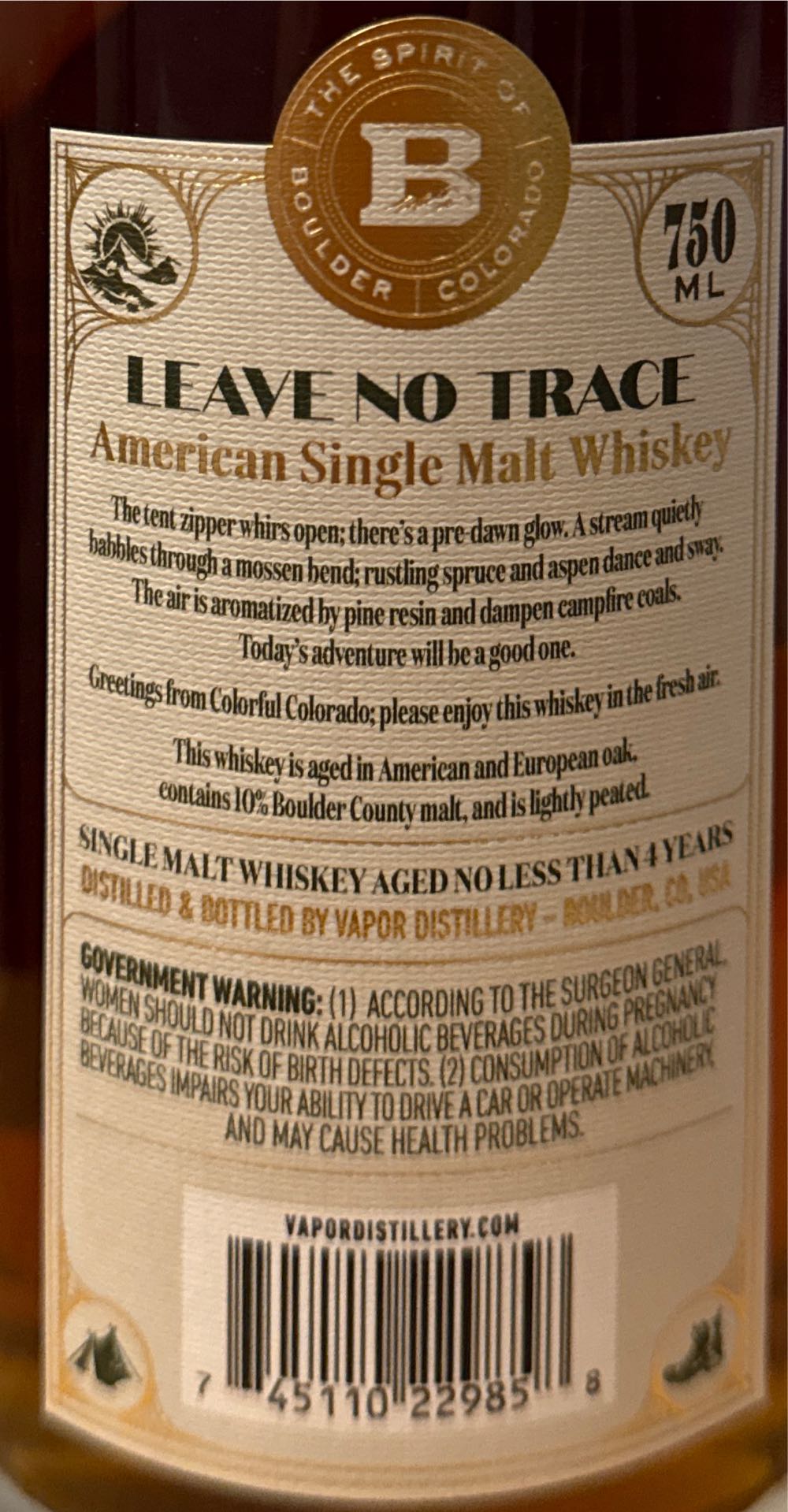Boulder American Single Malt Leave No Trace 750ml – Primo Davie - Vapor Distillery alcohol collectible [Barcode 745110229858] - Main Image 2