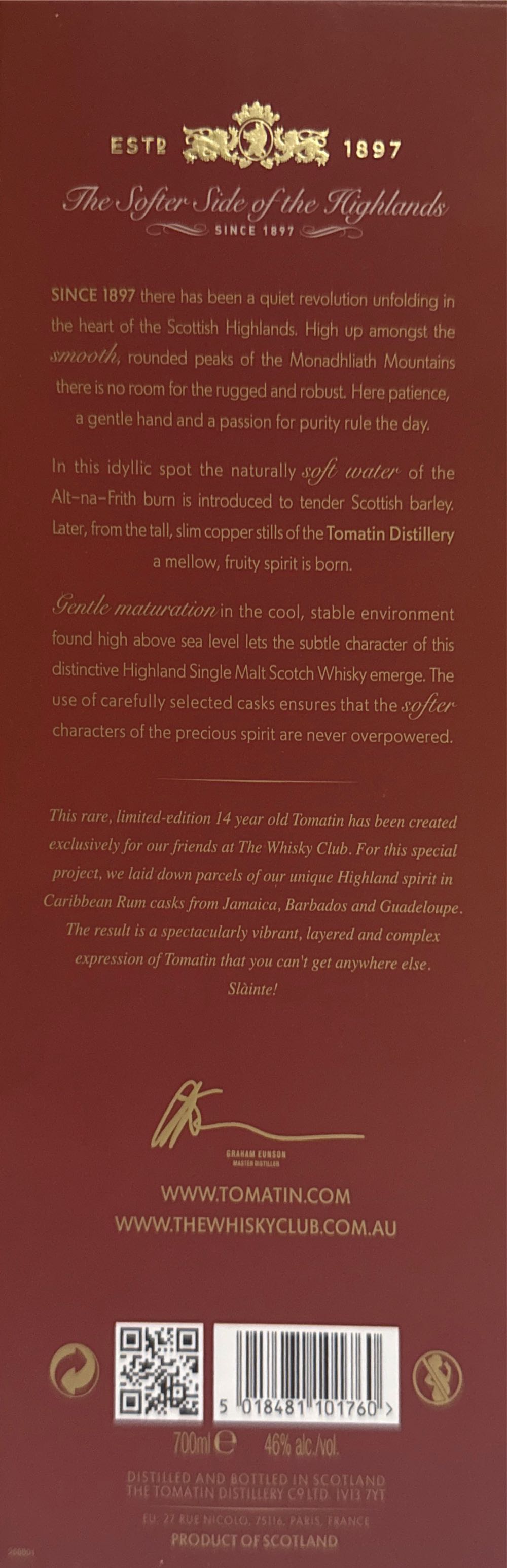 Tomatin 14 Yr Caribbean Rum Cask Matured - Tomatin (700 mL) alcohol collectible [Barcode 5018481101760] - Main Image 2