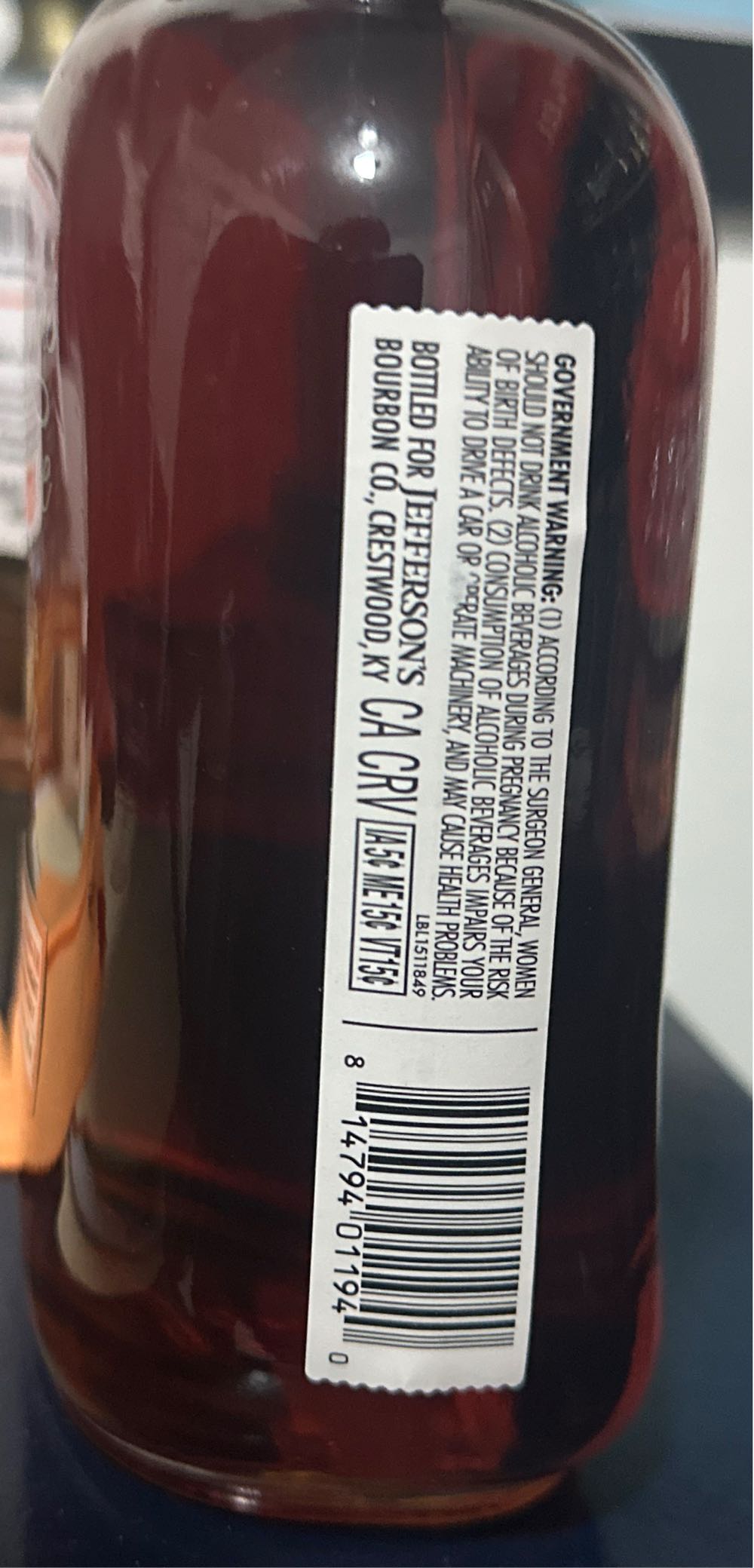 Jefferson’s Reserve Cask Strength Bourbon Whiskey Limited Edition - Jefferson Bourbon Company (750 mL) alcohol collectible [Barcode 814794011940] - Main Image 2