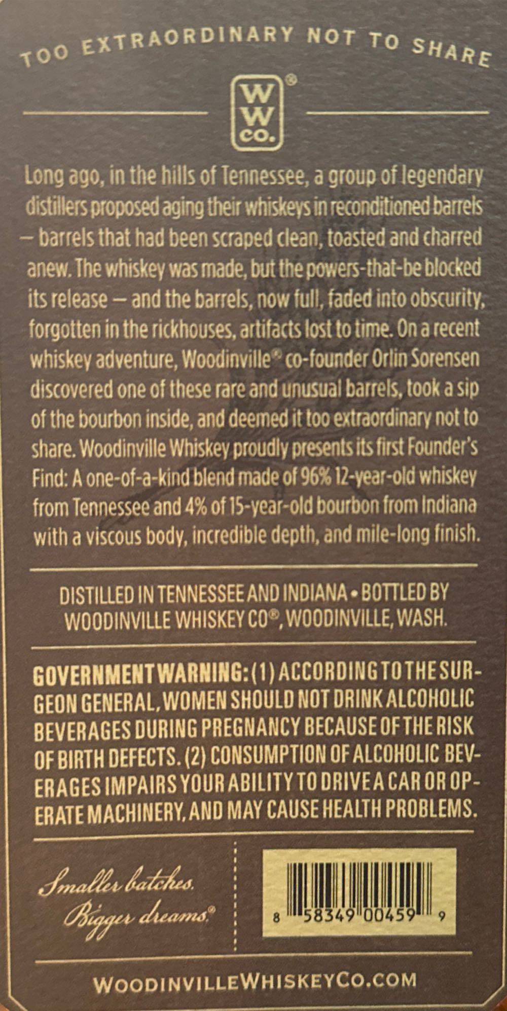 Woodinville Founder’s Find 12 Year From A Bourbon Mash - Woodinville Whiskey Co (750 mL) alcohol collectible [Barcode 858349004599] - Main Image 2