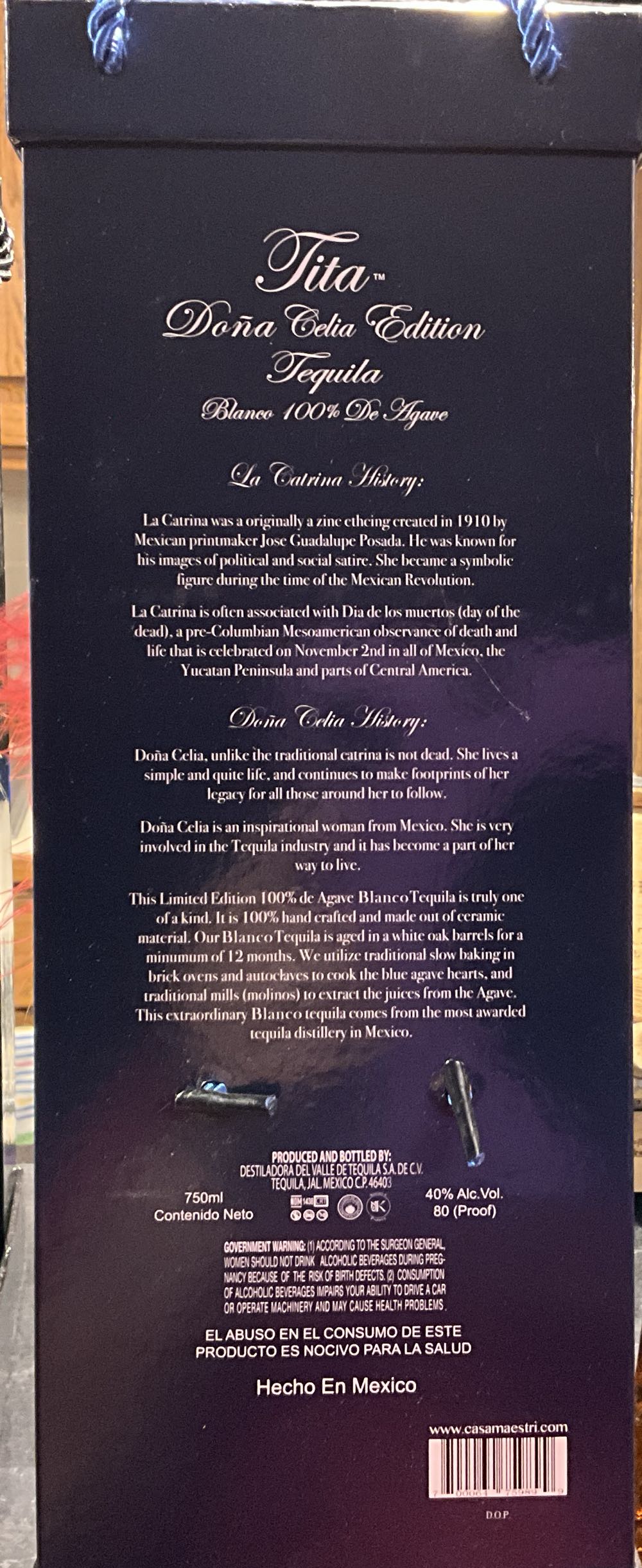 Tita Dona Celia Blanco Tequila Blanco In Display Box - Destiladora del Valle de Tequila (750 mL) alcohol collectible [Barcode 700064759899] - Main Image 2