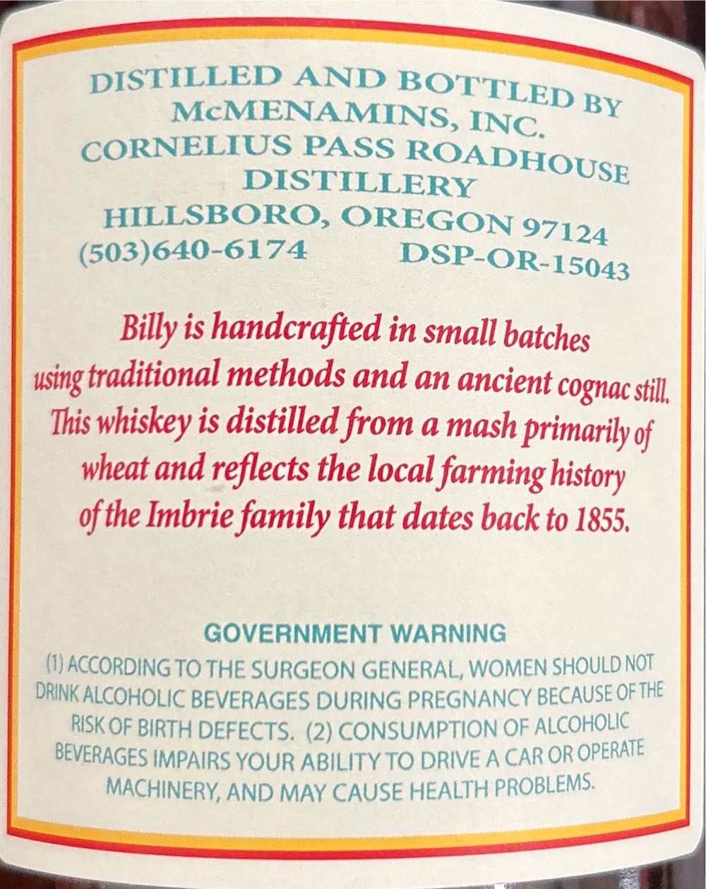 McMenamins Billy Wheat Whiskey - McMenamins, Inc Cornelius Pass Roadhouse Distillery (750 mL) alcohol collectible - Main Image 2