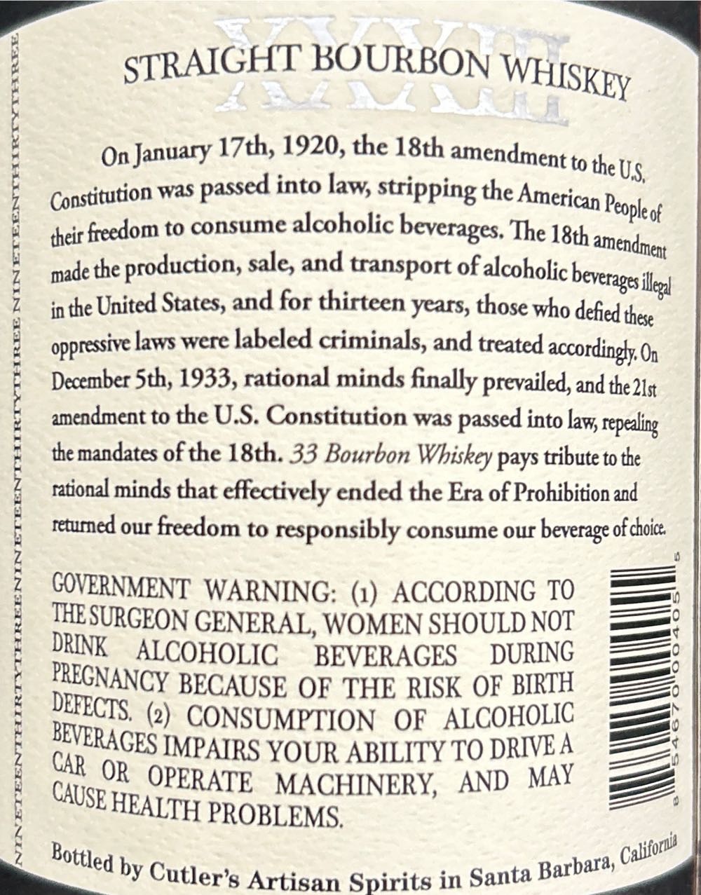 33 Straight Bourbon Whiskey Cutler’s Artisan Spirits - Cutler’s Artisan Spirits (750 mL) alcohol collectible [Barcode 854670004055] - Main Image 3