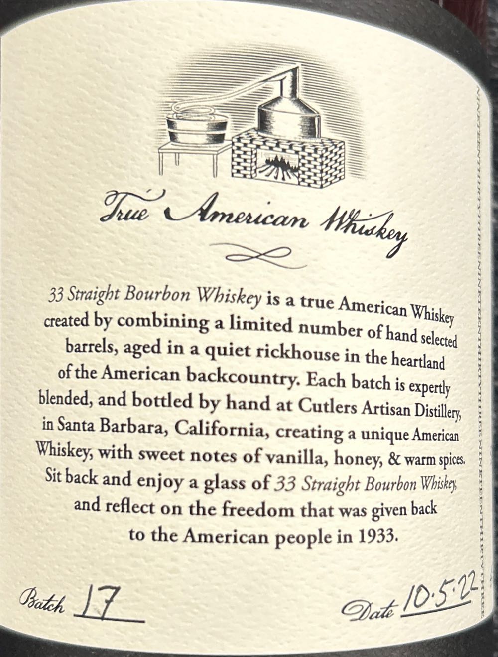 33 Straight Bourbon Whiskey Cutler’s Artisan Spirits - Cutler’s Artisan Spirits (750 mL) alcohol collectible [Barcode 854670004055] - Main Image 4