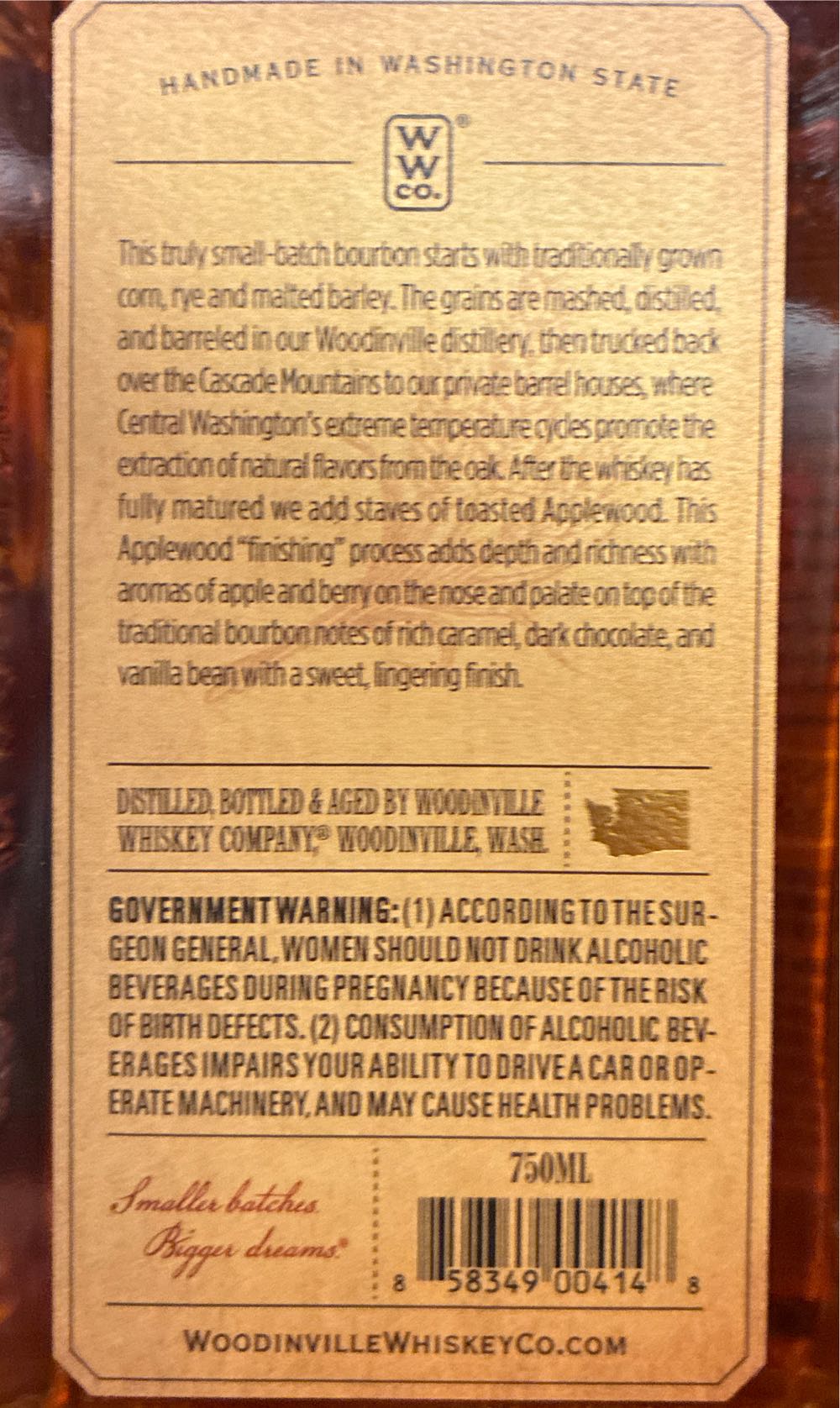 Woodinville Straight Bourbon Whiskey Applewood Finished - Woodinville Whiskey Co (750 mL) alcohol collectible [Barcode 858349004148] - Main Image 2