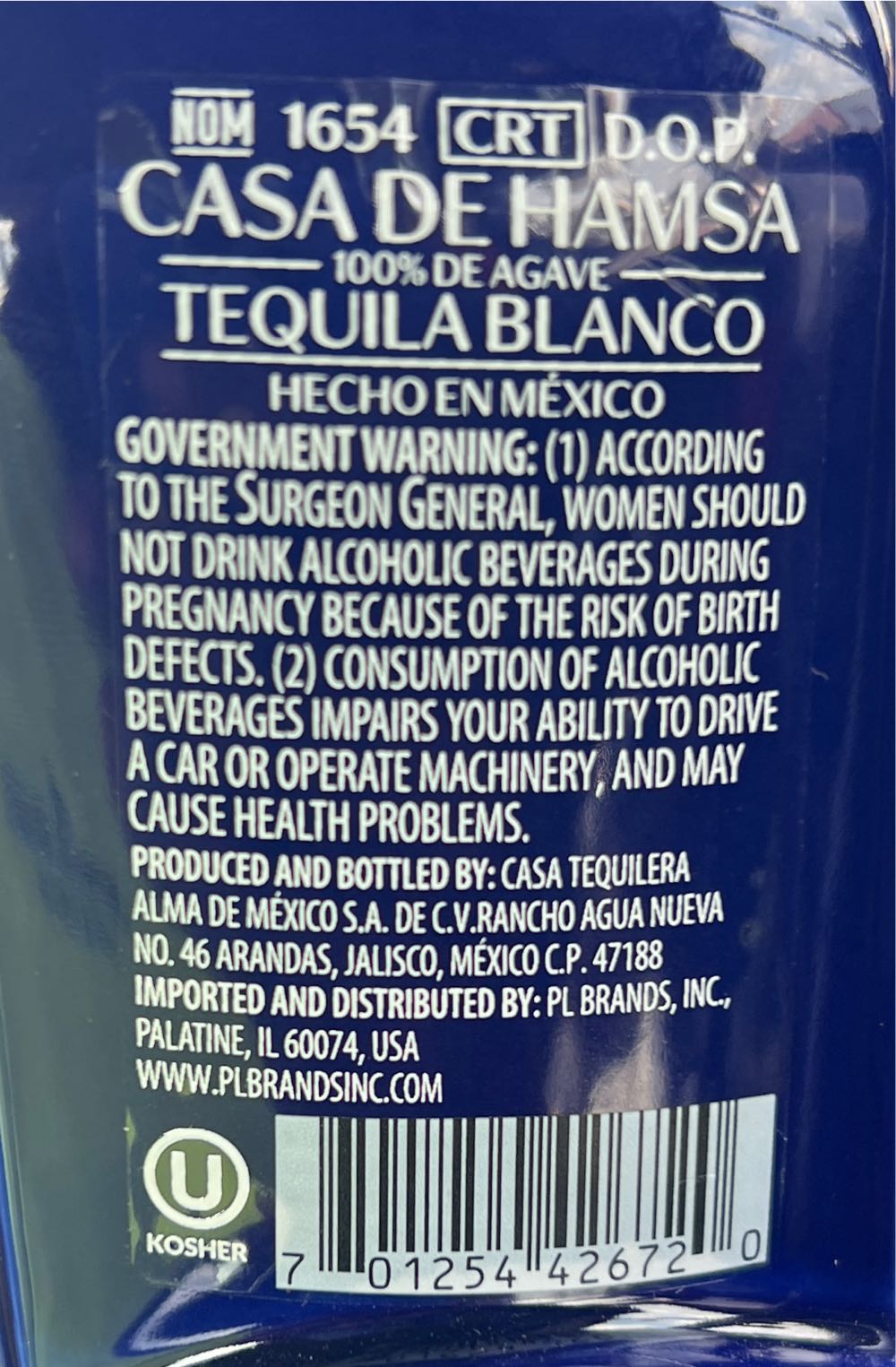 Casa De Hamsa Blanco Tequila Liter Tequila - Casa Tequilera De Arandas, S.A. de C.V. (1 L) alcohol collectible [Barcode 701254426720] - Main Image 4