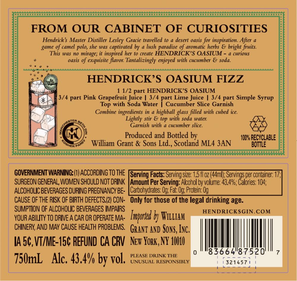 Oasium - Hendrick’s (750) alcohol collectible [Barcode 083664875207] - Main Image 2