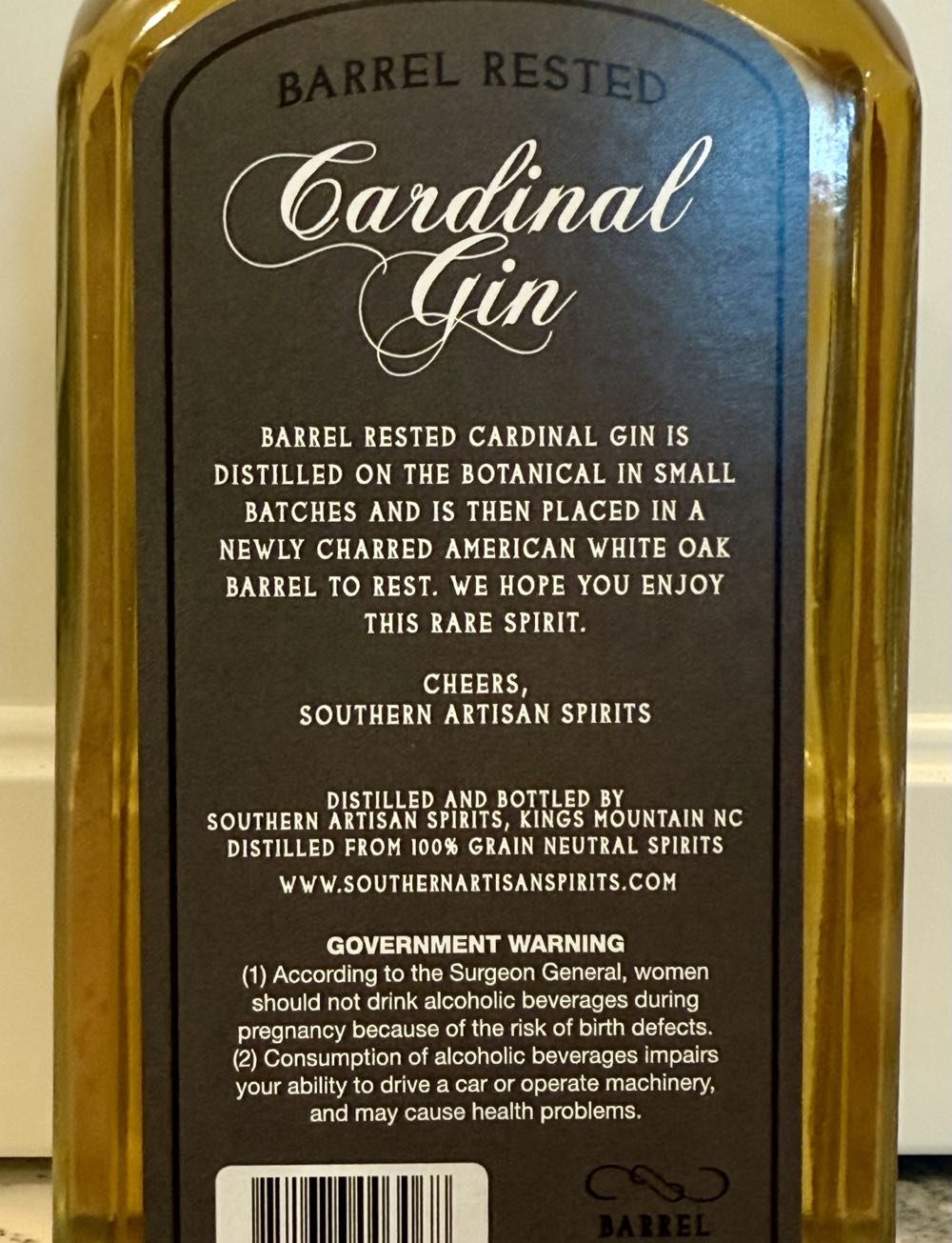 Cardinal Barrel Rested Gin - Southern Artisan Spirits, Kings Mountain, NC (750 mL) alcohol collectible [Barcode 851676003068] - Main Image 2