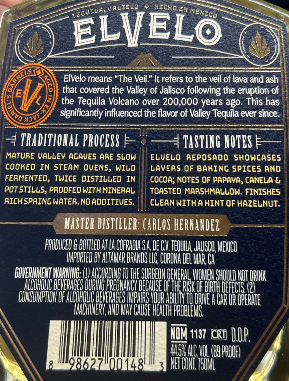 Elvelo Reposado Tequila Reposado 750ml - La Cofradia S.A. DE C.V. (750 mL) alcohol collectible [Barcode 898627001483] - Main Image 4