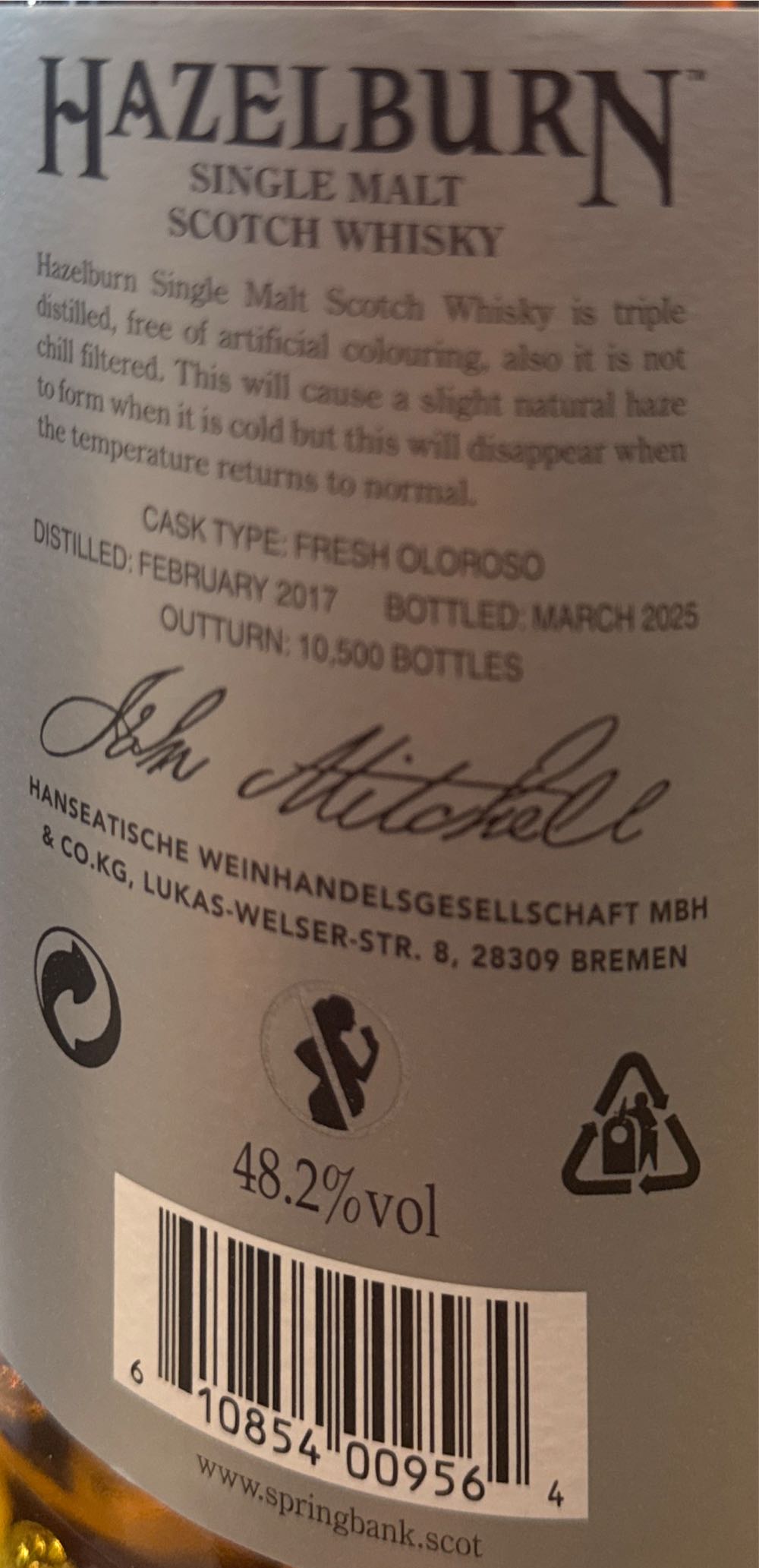 Hazelburn 8 Years Old Oloroso Cask Matured - Springbank Distillery (700 mL) alcohol collectible [Barcode 610854009564] - Main Image 2