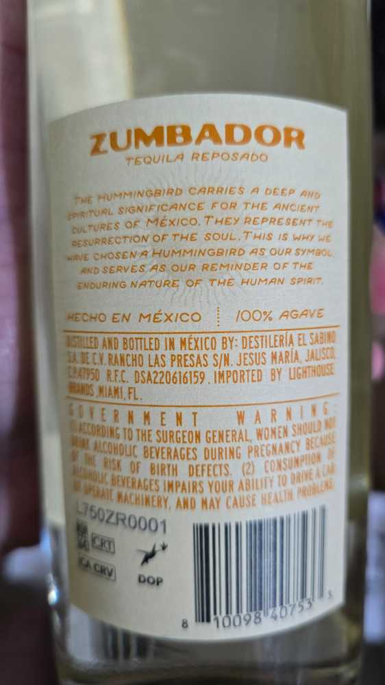 Zumbador Reposado Tequila 750ml - NOM 1643 (750 mL) alcohol collectible [Barcode 810098407533] - Main Image 2
