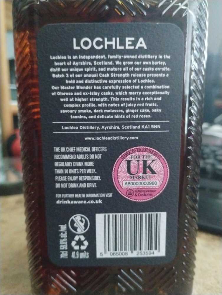 Lochlea Cask Strength Batch 3 59.8% 70cl - Lochlea Distillery (700 mL) alcohol collectible [Barcode 5065008253594] - Main Image 3
