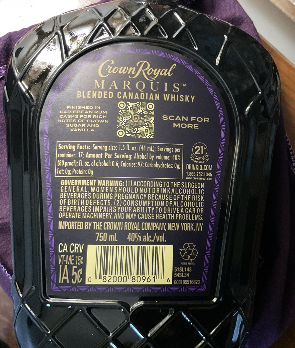 Whiskey - Crown Royal Marquis - Crown Royal Company (750 mL) alcohol collectible [Barcode 082000809616] - Main Image 3