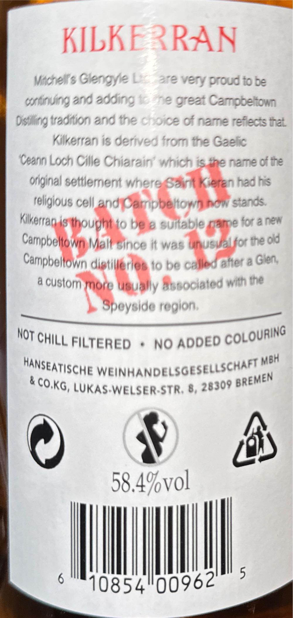 Kilkerran Heavily Peated Batch No. 12 - Kilkerran Glengyle Distillery (700 mL) alcohol collectible [Barcode 610854009625] - Main Image 2