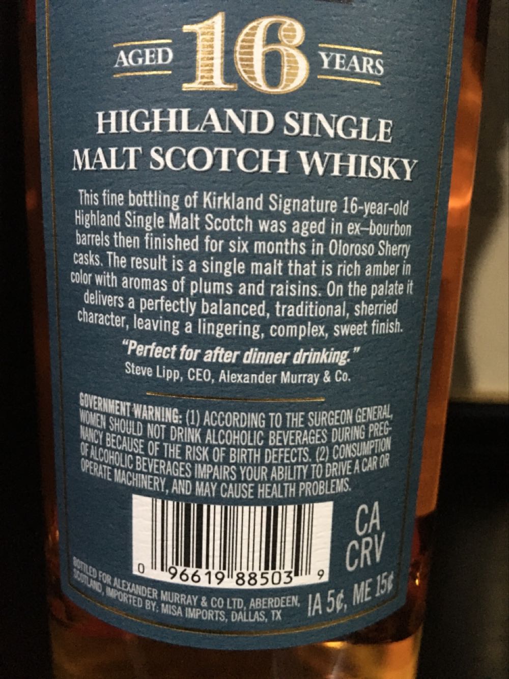 Kirkland Signature Aged 16 Years Highland Single Malt Scotch Whiskey - Bottled for Alexander Murray & Co Ltd (750 mL) alcohol collectible [Barcode 096619885039] - Main Image 3