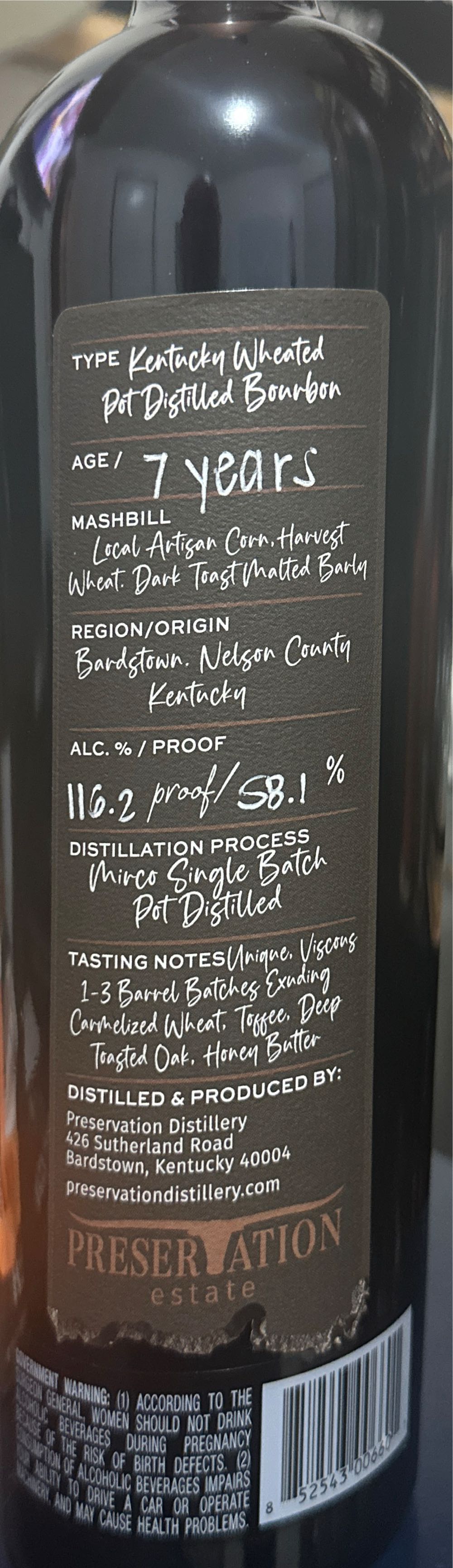 Preservation Estate Pot Distilled Kentucky Bourbon Whiskey - Preservation Distillery (750 mL) alcohol collectible [Barcode 852543006601] - Main Image 2