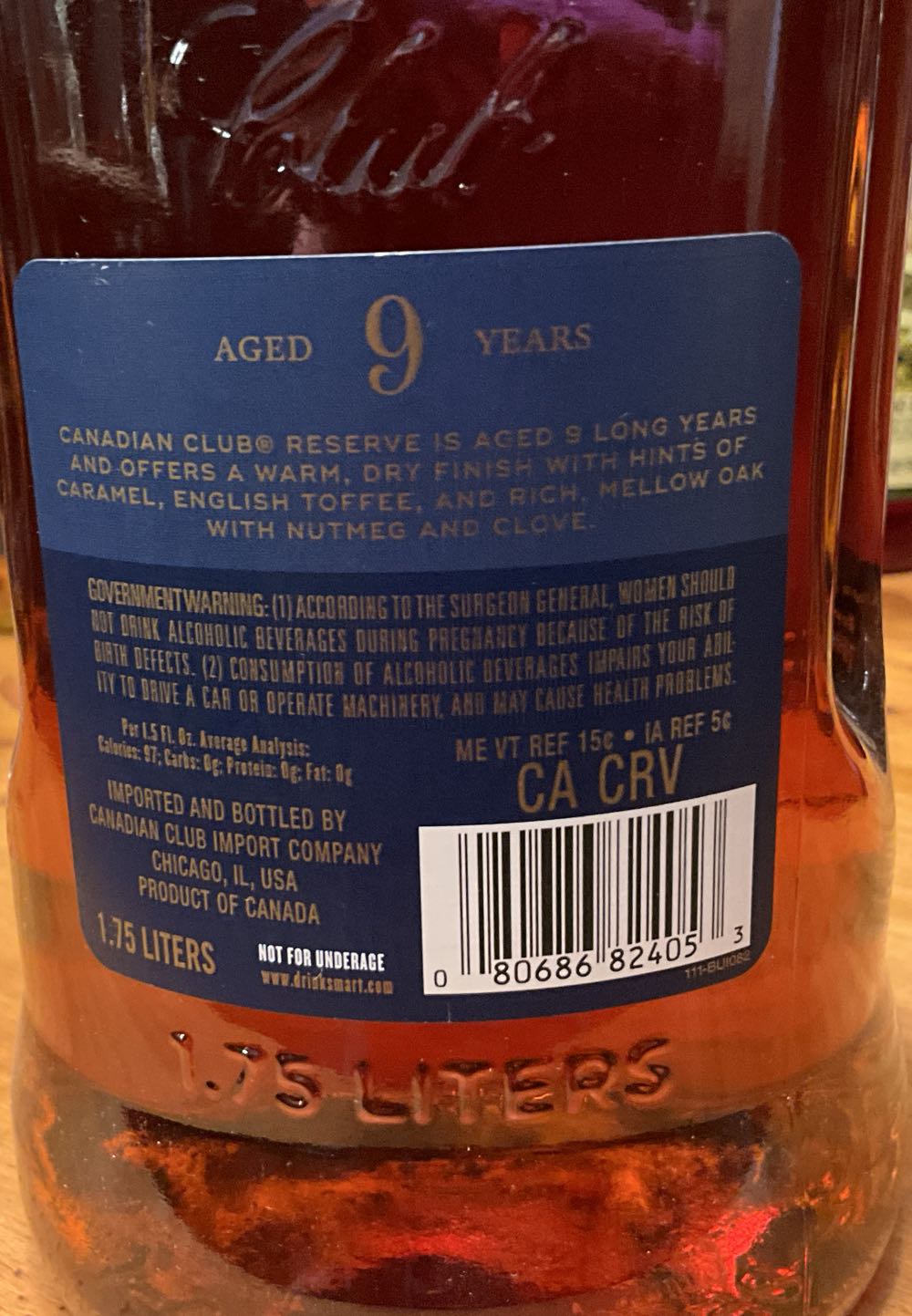 Canadian Club Reserve 9yr Whisky - Canadian Club Import Company (1.75 L) alcohol collectible [Barcode 080686824053] - Main Image 2