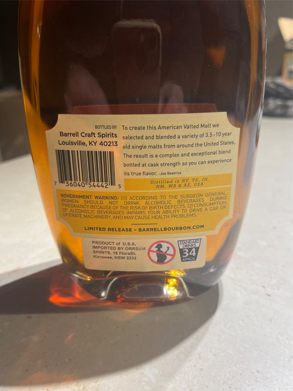 Barrell American Vatted Malt Whiskey American 750ml  (700 mL) alcohol collectible [Barcode 736040544425] - Main Image 2