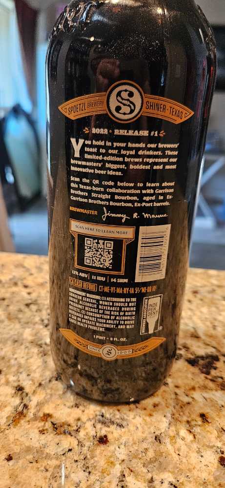 Shiner Brewer’s Pride Barrel-Aged Doppelbock - Spoetzl Brewery (24 FL OZ) alcohol collectible [Barcode 088573770056] - Main Image 2