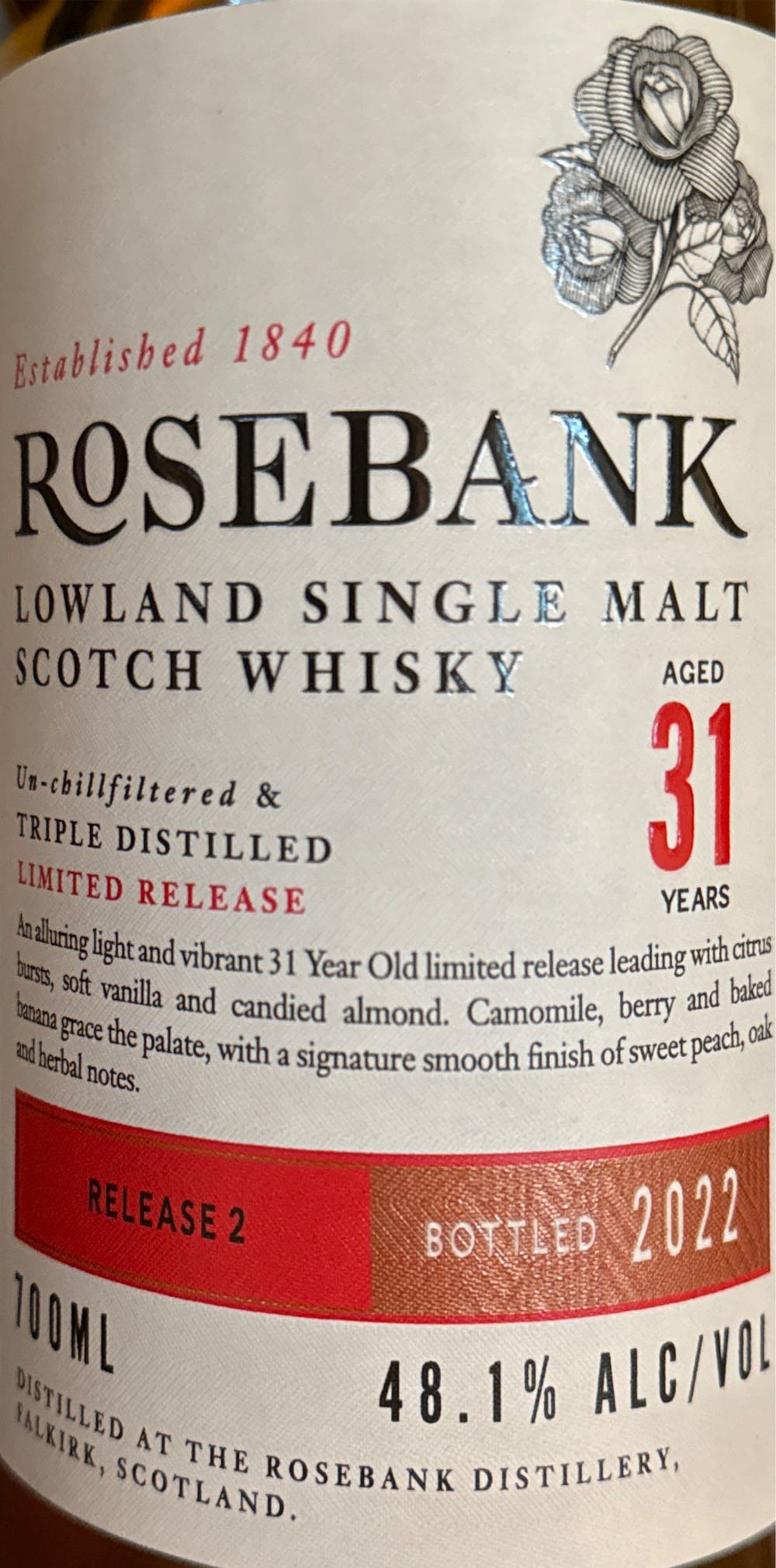 Rosebank Lowland Single Malt Scotch Whiskey 31 Year (Release 2) - The Rosebank Distillery (700 mL) alcohol collectible - Main Image 2