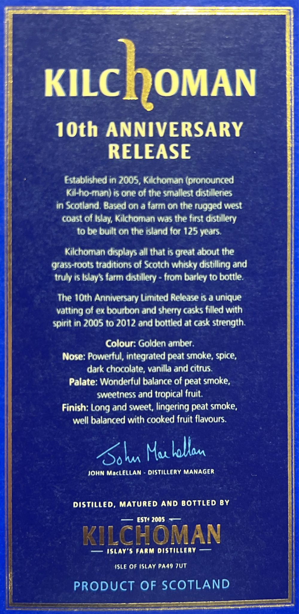 Kilchoman 10th Anniversary Release  (700 mL) alcohol collectible [Barcode 5060210700416] - Main Image 3